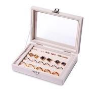 Frebeauty Vassoio organizer per anelli/orecchini con coperchio trasparente, 7 scomparti per cassetti in velluto con inserto per gioielli, espositore per gioielli e vetrine regalo donne (beige, 7 slot)