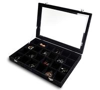 Frebeauty Vassoio organizer per gioielli con coperchio 24 griglie in velluto per cassetti, scatola portaoggetti in vetro trasparente, custodia per gioielli regalo per donne (Nero, griglia 24)