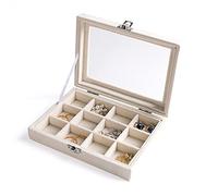 Frebeauty Vassoio organizer per gioielli con coperchio trasparente, 12 scomparti in velluto con inserto per cassetti, contenitore per gioielli, vetrina, portagioie, regalo per donne (beige, 12