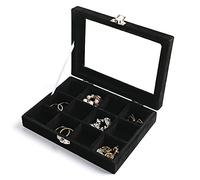 Frebeauty Vassoio organizer per gioielli con coperchio trasparente, 12 scomparti in velluto con inserto per cassetti e coperchio trasparente, espositore per gioielli, idea regalo donne (nero, 12)
