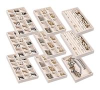 Frebeauty Vassoio organizer per gioielli, impilabile, in velluto, inserti per cassetti, orecchini, organizer per donne e ragazze, espositore per gioielli, anelli, collane, set di 9 (beige)