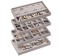 Frebeauty Vassoio organizer per gioielli, impilabile in velluto, inserti per cassetti, organizer per orecchini, per donne e ragazze, espositore per gioielli, anelli, collane, set di 4 (grigio)