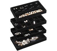Frebeauty Vassoio organizer per gioielli, impilabile in velluto, inserti per cassetti, organizer per orecchini, per donne e ragazze, espositore per gioielli, anelli, collane, set di 4 (nero)