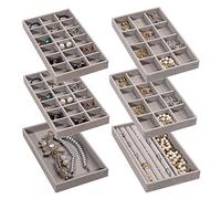 Frebeauty, Vassoio organizer per gioielli, impilabile, in velluto, inserto per cassetti, organizer per donne e ragazze, espositore per gioielli, anelli, collane, orecchini, set da 6 (grigio)