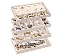 Frebeauty, Vassoio organizer per gioielli, impilabile, in velluto, inserto per cassetti, organizer per donne e ragazze, espositore per gioielli, anelli, collane, orecchini, set da 4 (beige)