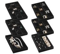Frebeauty Vassoio organizer per gioielli, vassoi impilabili in velluto, inserti per cassetti, organizer per orecchini da donna e, custodia per gioielli per anelli e collane a perno, set di 6 (nero)