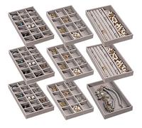 Frebeauty, Vassoio organizzatore per gioielli da donna, impilabile, in velluto, inserto per cassetti, organizzatore per orecchini, espositore per anelli, collane, orecchini, set da 9, grigio