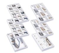 Frebeauty, Vassoio organizzatore per gioielli da donna, impilabile, in velluto, inserto per cassetti, organizzatore per orecchini, espositore per anelli, collane, orecchini, set da 6, bianco