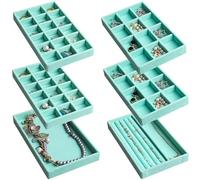 Frebeauty, Vassoio organizzatore per gioielli da donna, impilabile, in velluto, inserto per cassetti, organizzatore per orecchini, espositore per anelli, collane, orecchini, set da 6, turchese