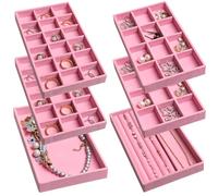 Frebeauty, Vassoio organizzatore per gioielli da donna, impilabile, in velluto, inserto per cassetti, organizzatore per orecchini, espositore per anelli, collane, orecchini, set da 6, rosa
