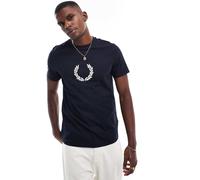 Fred Perry - T-shirt blu navy con grafica floccata con corona d'alloro M