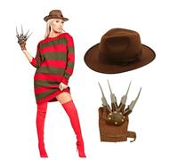 Freddy Horror stile Costume da donna rosso a righe maglione e cappello Halloween Taglie S/M, M/L, L/XL & XXL M/L (Taglia Del Petto 102 cm)