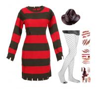 Freddy KrüGer - Costume da donna per Halloween, con cappello e guanti da | Set da 7 pezzi, vestito a righe, cappello, guanti con artigli, collant a rete, 3 tatuaggi, Halloween, da donna