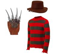 Freddy Krüger - Set di maglioni per adulti con cappello, guanto, colore verde, rosso, maglione a righe spaventoso, film horror per Halloween, cosplay, abbigliamento (L)