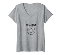 Free Hugs Termini & Condizioni Applica Divertente Figura Stilizzata Maglietta con Collo a V, Donna, Grigio Melange, XXL