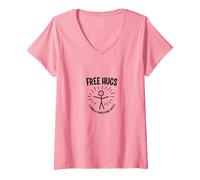 Free Hugs Termini & Condizioni Applica Divertente Figura Stilizzata Maglietta con Collo a V, Donna, Rosa, S