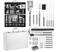 FREEAMG 30 Pezzi Utensili da Barbecue in Acciaio Inossidabile, Kit Barbecue Professionale per Uomo, Set Barbecue di Alta Qualità per il Campeggio con Custodia in Alluminio