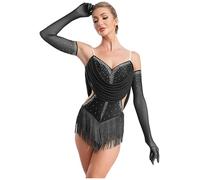 Freebily Abito da Ballo Latino Americano Donna con Nappe Strass Body Danza Classica Moderna con Guanti Balletto Leotards Costume da Danza Samba Rumba Salsa Sala da Ballo Nero L