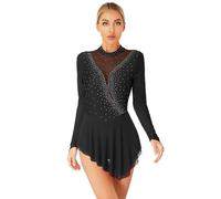 Freebily Abito da Pattinaggio Artistico sul Ghiaccio Donna Vestito Danza Classica Ballerina Moderna Strass Leotards da Balletto Abito da Danza Lirica Contemporanea Dancewear Nero XL