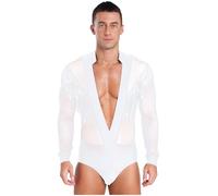 Freebily Body da Ballo Latino Tango Uomo con Strass Nappe Leotards Camicia da Danza Classica Moderna Salsa Bodysuit da Pattinaggio Artistico Body Ginnastica Danza Jazz Bianco L