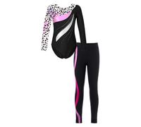 Freebily Body da Ginnastica Artistica Bambina con Leggings Sportivi Strass Leotard a Maniche Lunghe Abito da Danza Classica Moderna Jazz Tuta da Balletto Ballo Latino Leopard&hot Pink 9-10 anni