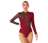 Freebily Body da Ginnastica Danza Donna Strass Body da Danza Classica Moderna a Maniche Lunghe Leotards da Balletto Ballo Latino Pagliaccetto Bodysuit Allenamento Dancewear Borgogna XL