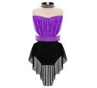 Freebily Body da Pattinaggio Artistico Bambina Vestito da Danza Lirica Moderna Contemporanea Abito da Ballo Latino Americano Tango con Strass Costume da Allenamento Dancewear Viola&Nero 11-12 anni