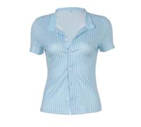 Freebily Camicia Donna Elegante Slim Fit Camicetta Blusa Aderente per Ufficio Party Club Top Strisce Blu Maniche Corte T-Shirt Maglietta Estiva Button Down Camicia Blu L