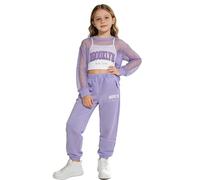 Freebily Completi Hip Hop Bambina Tuta Ginnastica Artistica 3 Pezzi Felpa a Rete Pullover Top + Canotta Reggiseno Sportivo + Pantaloni Sportivi Completo Danza Moderna Jazz Lanvanda 7-8 anni
