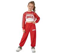 Freebily Completi Hip Hop Bambina Tuta Ginnastica Artistica 3 Pezzi Felpa a Rete Pullover Top + Canotta Reggiseno Sportivo + Pantaloni Sportivi Completo Danza Moderna Jazz Rosso 13-14 anni