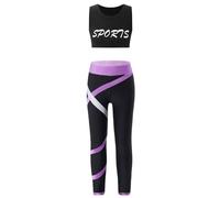 Freebily Completo Sportivo Bambina Estivo Crop Top Ragazza Canotta Spalla Larga Leggins Vita Alta Yoga Pantaloni Tuta Bimba da Ginnastica Ballerina Suit Danza Moderna Viola&Nero 7-8 anni