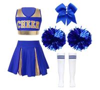 Freebily Costume da Cheer-Leader Bambina 5 Pezzi Vestito Cheerleading Uniforme da Cheer-Leader Crop Top Minigonna con Pompon Calze Vestito Carnevale Halloween Cheerleading A Blu 7-8 anni