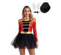 Freebily Costume Donna Domatrice Presentatrice del Circo Ringmaster Costume Domatrice Circo per Carnevale Halloween Vestito Maestro di Circo Body Danza Classica Ginnastica A Rosso L