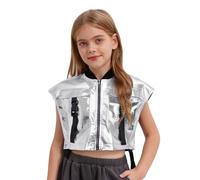Freebily Crop Top da Danza Moderna Jazz Hip Hop Bambina Canotta da Ginnastica Artistica Lucida con Cerniera Giacca Maglia da Ballo di Strada Dancewear Argento 7-8 Anni