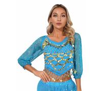 Freebily Crop Top Danza del Ventre Donna con Paillettes Chiffon Top Corto Danza Classica Moderna Jazz Manica Lunga Belly Dance Yoga Top Maglia Orlo Irregolare Dancewear Cielo Blu A Taglia Unica