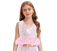 Freebily Crop Top Danza Moderna Jazz Bambina con Paillettes e Piuma Canotta da Ginnastica Artistica Top Corto da Ballo Latino Scollo a V Cannottiera Dancewear Rosa 9-10 Anni