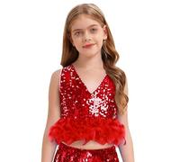 Freebily Crop Top Danza Moderna Jazz Bambina con Paillettes e Piuma Canotta da Ginnastica Artistica Top Corto da Ballo Latino Scollo a V Cannottiera Dancewear Rosso 11-12 Anni