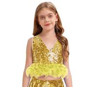 Freebily Crop Top Danza Moderna Jazz Bambina con Paillettes e Piuma Canotta da Ginnastica Artistica Top Corto da Ballo Latino Scollo a V Cannottiera Dancewear Oro 7-8 Anni