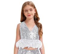 Freebily Crop Top Danza Moderna Jazz Bambina con Paillettes e Piuma Canotta da Ginnastica Artistica Top Corto da Ballo Latino Scollo a V Cannottiera Dancewear Argento 11-12 Anni