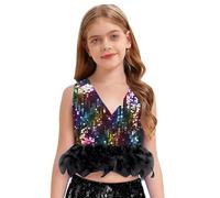 Freebily Crop Top Danza Moderna Jazz Bambina con Paillettes e Piuma Canotta da Ginnastica Artistica Top Corto da Ballo Latino Scollo a V Cannottiera Dancewear Nero 7-8 Anni