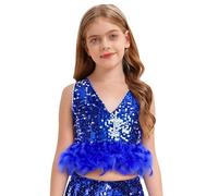 Freebily Crop Top Danza Moderna Jazz Bambina con Paillettes e Piuma Canotta da Ginnastica Artistica Top Corto da Ballo Latino Scollo a V Cannottiera Dancewear Blu Reale 13-14 Anni