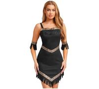 Freebily Donna Costume da Indiano Costumi da Nativo Americano con Nappe Abito Figlia del Capo Vestito Principessa Tribù Indigena Costume Carnevale Halloween Nero 3XL