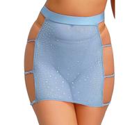 Freebily Minigonna Donna Elasticizzata Gonna Corta Trasparente in Rete con Strass Scintillanti Gonne Tubino Corto Aderente con Spacco Laterale Skirt Discoteca Azzurro S