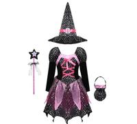 Freebily Streghetta Carnevale Bimba Costume da Strega Vampiro Ragno Vestito Medievale da Cerimonia Cappello a Punta Bacchetta Magica Stella Borsa Caramelle Halloween Nero 4-5 anni