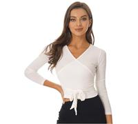 Freebily Top da Danza Classica Donna Cardigan a Manica Lunga Scaldacuore T-Shirt Scollo a V Maglia a Incrocio Top da Balletto Maglione Slim Fitness Ballerina Danza Moderna Avorio XXL