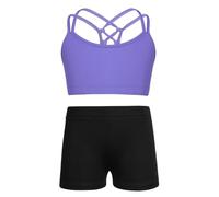 Freebily Tuta da Ginnastica Bambina Crop Top Sportivi Ragazza Stringer Tank Gym Pantaloncini Aderenti Corsa Leggins Corti Vita Alta Fitness Completo Danza Moderna Saggio Lavanda 11-12 anni