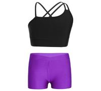 Freebily Tuta da Ginnastica Bambina Crop Top Sportivi Ragazza Stringer Tank Gym Pantaloncini Aderenti Corsa Leggins Corti Vita Alta Fitness Completo Danza Moderna Saggio Nero&Viola D 11-12 anni
