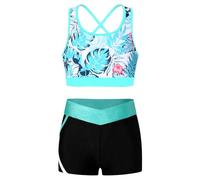Freebily Tuta da Ginnastica Bambina Crop Top Sportivi Ragazza Stringer Tank Gym Pantaloncini Aderenti Corsa Leggins Corti Vita Alta Fitness Completo Danza Moderna Saggio Foglia E 7-8 anni