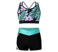 Freebily Tuta da Ginnastica Bambina Crop Top Sportivi Ragazza Stringer Tank Gym Pantaloncini Aderenti Corsa Leggins Corti Vita Alta Fitness Completo Danza Moderna Saggio Giglio E 11-12 anni