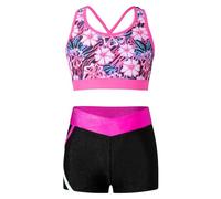 Freebily Tuta da Ginnastica Bambina Crop Top Sportivi Ragazza Stringer Tank Gym Pantaloncini Aderenti Corsa Leggins Corti Vita Alta Fitness Completo Danza Moderna Saggio Rosa E 7-8 anni